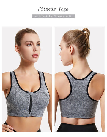 Buy grey Shockproof Front Zipper Sports Bra
