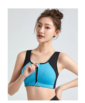 Buy blue Shockproof Front Zipper Sports Bra