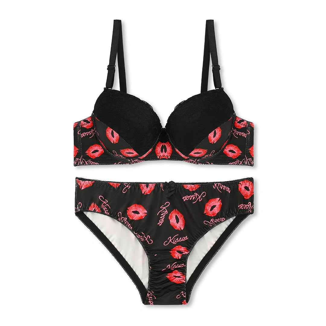 Lips Printed Women Pushup Bra Pantie Set - 0