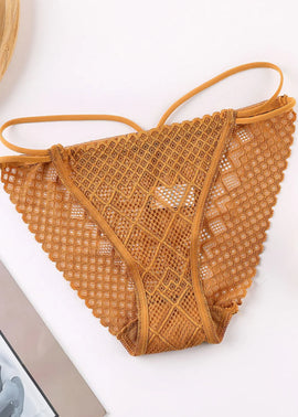 Smart Collection Women's Lace Mesh Thong Panty – Mustard - 0
