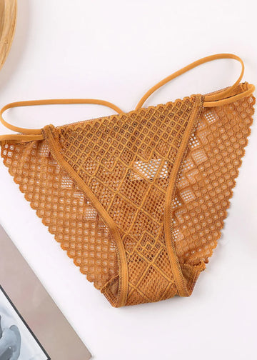 Smart Collection Women's Lace Mesh Thong Panty – Mustard - 0