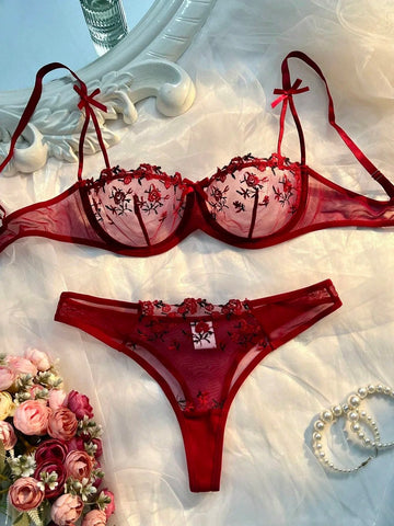 Flower Embroidered Bow Strap Lingerie Set - 0