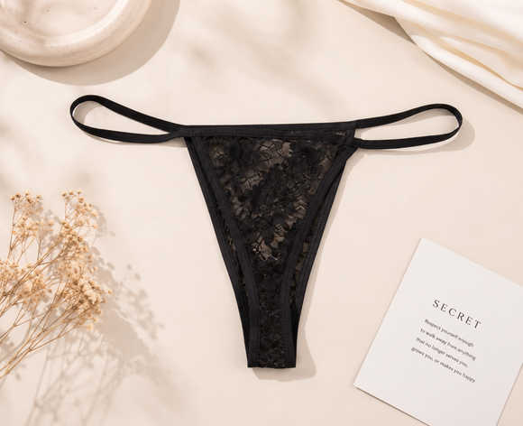 omen's Lace G-String Thong Panty – Soft Stretch Brief | Black