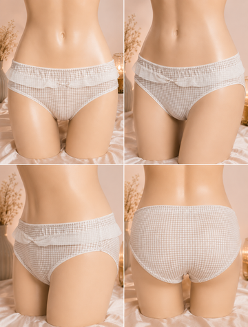 Women's Gingham Ruffle Bikini Panty – Soft Cotton Brief | Beige - 0