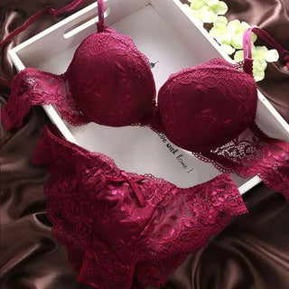 Buy red Lace Embroidered Double Padded Push Up Bridal Bra & Panty Set