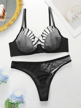 butterfly Line Mesh Plicing Women's Underwear Push Up Bra set - 0