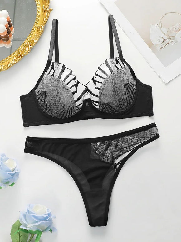 butterfly Line Mesh Plicing Women's Underwear Push Up Bra set