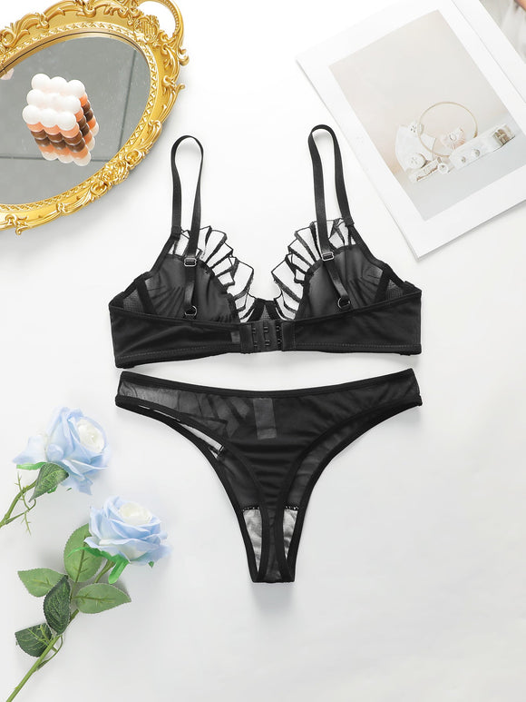 butterfly Line Mesh Plicing Women's Underwear Push Up Bra set