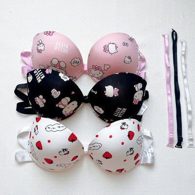 Hello Kitty High Quality Front Open 4 In 1 Push-up Print Adjustable Straps Bra Panty Set