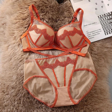 Buy orange Paded Push-up Bra Set Embroidered Lace