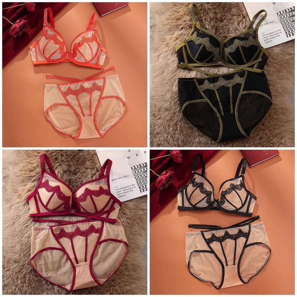 Paded Push-up Bra Set Embroidered Lace