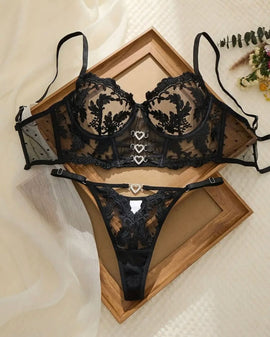 Baroque Floral Lace Crystal Heart Buckle Set - 0