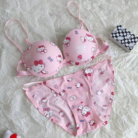 Hello Kitty High Quality Front Open 4 In 1 Push-up Print Adjustable Straps Bra Panty Set - 0