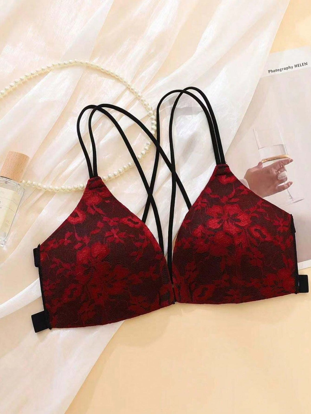 Floral Lace Underwear Set Backless Front Closure Bra Set