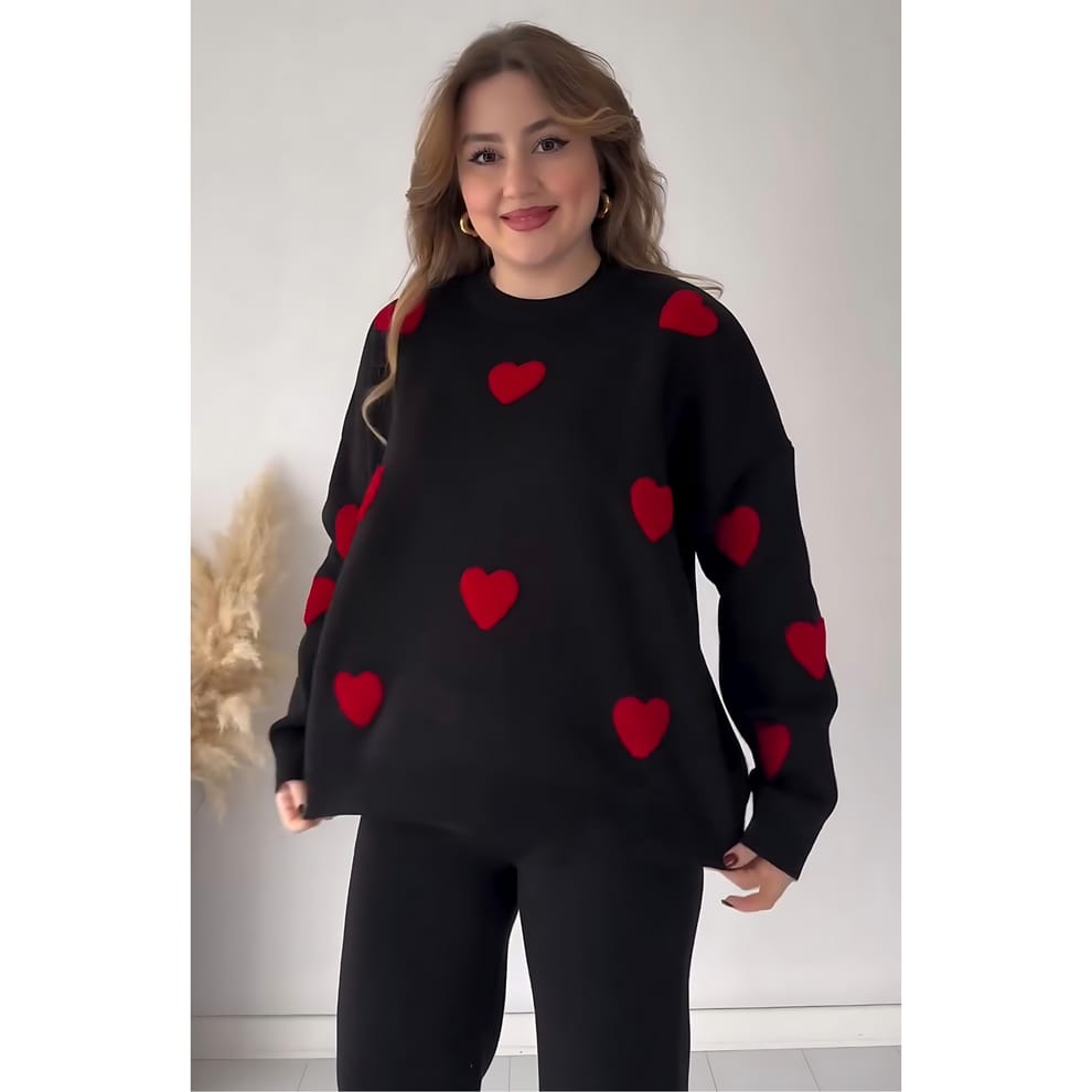 Buy black New High Quality Heart Printed Warm Winter Fleece Shirt &amp; Pajama Winter Suit Co-Ord Set