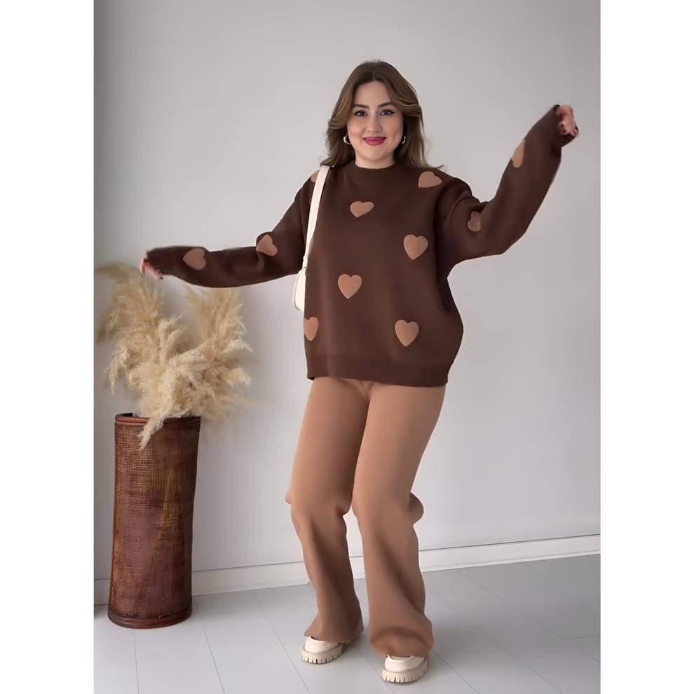 Buy brown New High Quality Heart Printed Warm Winter Fleece Shirt &amp; Pajama Winter Suit Co-Ord Set