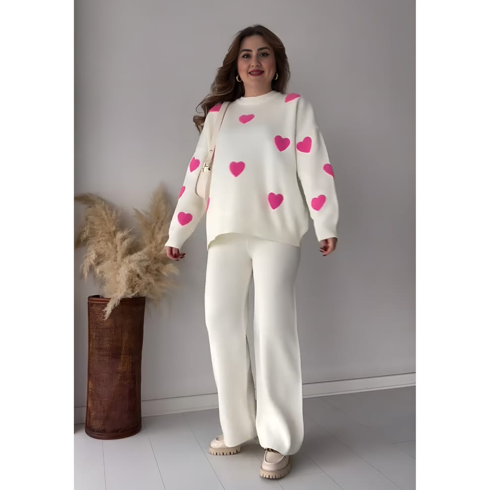 Buy white New High Quality Heart Printed Warm Winter Fleece Shirt &amp; Pajama Winter Suit Co-Ord Set