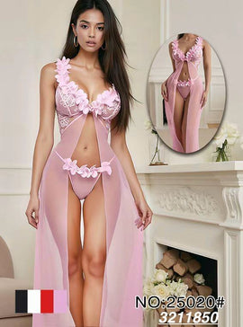 Woman wearing a pink lingerie set with a sheer cover-up in a room setting.