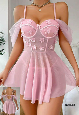 Pink Flower Floral Mesh Babydoll Lingerie