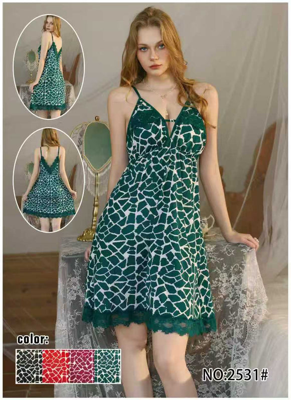 Emerald Stone Print Lace Hem Slip Dress