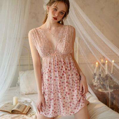 Floral Print Elegant Deep V Nighty - 0