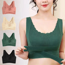 A collection of bras in various colors, with the brand logo visible on the green one. The bras are presented in a row with a model wearing one in green, showcasing the front view with adjustable straps.