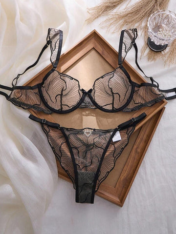Leaf Embroidered Sheer Mesh Set - 0
