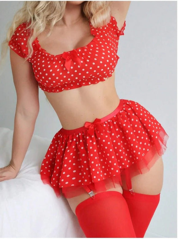 Mesh perspective Down shoulder polka dot  lingerie set