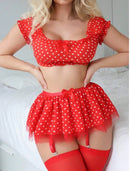 Mesh perspective Down shoulder polka dot  lingerie set-2