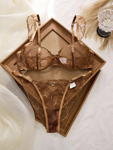 Buy caramel-gold Leaf Embroidered Sheer Mesh Set