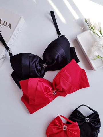 Soft Silk Bow Pushup Padded Bra Set