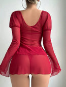 2pcs Set Romantic Ruffle Front Tie Long Sleeve Nighty-2