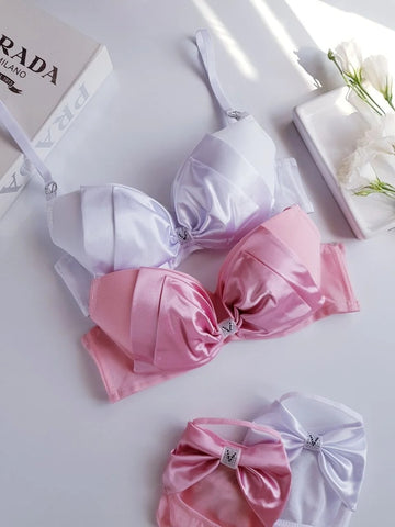 Buy white Soft Silk Bow Pushup Padded Bra Set