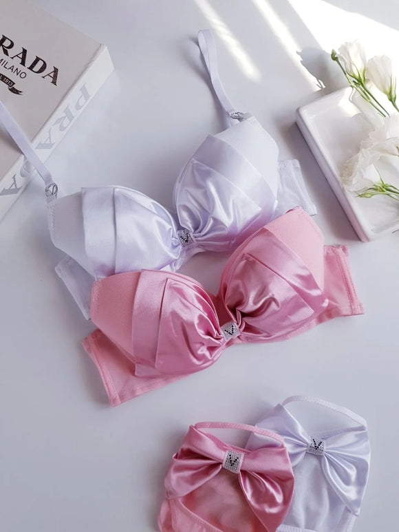 Soft Silk Bow Pushup Padded Bra Set