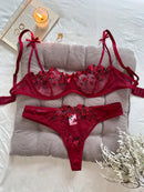 Flower Embroidered Bow Strap Lingerie Set-5