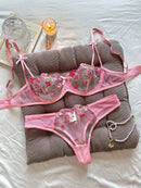 Flower Embroidered Bow Strap Lingerie Set-1