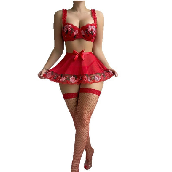 RoseBloom Embroidered Lace Babydoll Set