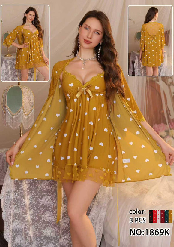 3Pcs Heart Print Gown Nighty