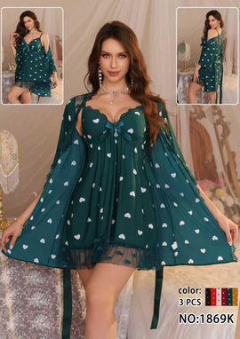 3Pcs Heart Print Gown Nighty
