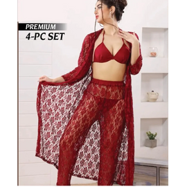 Ladies imported 4pcs High quality Lace Nighty Net See Bridal Set - 0