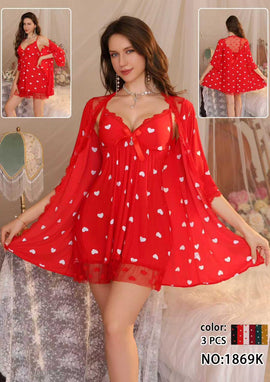 3Pcs Heart Print Gown Nighty - 0