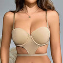 Beige bra worn by a model with a neutral background