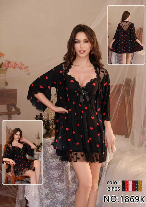 3Pcs Heart Print Gown Nighty